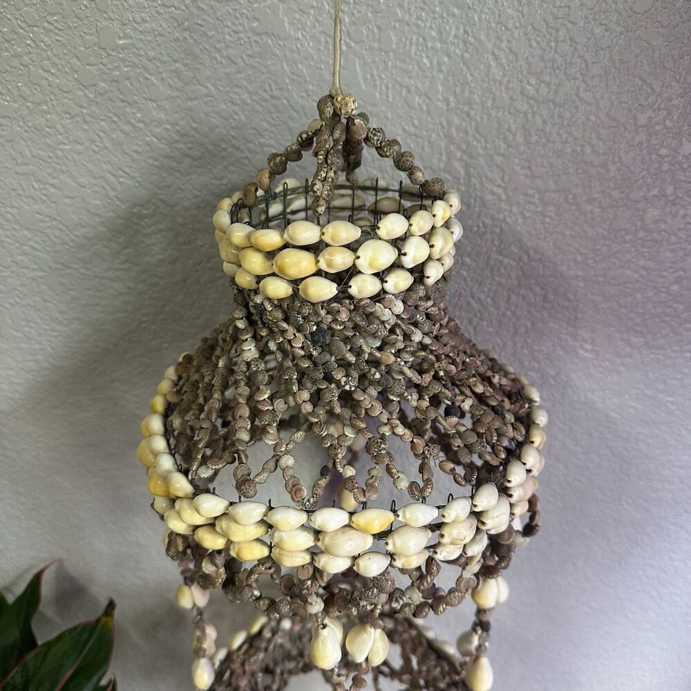 1970's Vintage Sea Shell Hanging Plant Holder Coastal Boho Mobile Chandelier - Picture 3 of 8